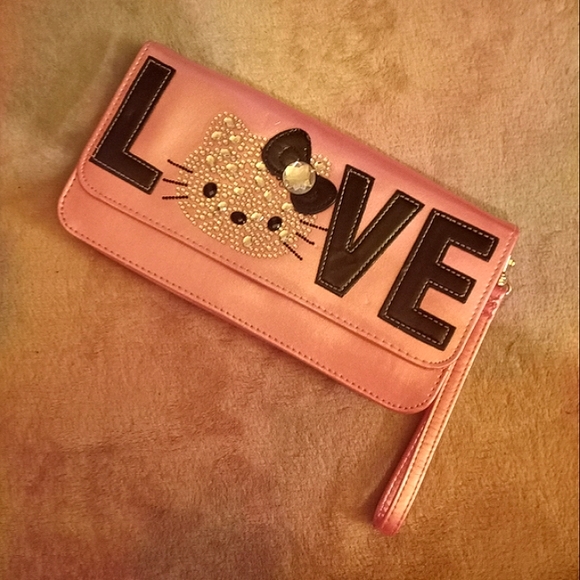 Hello Kitty Loungefly Barbie Pink Metallic Rhinestone Love Wristlet Clutch - Picture 10 of 16